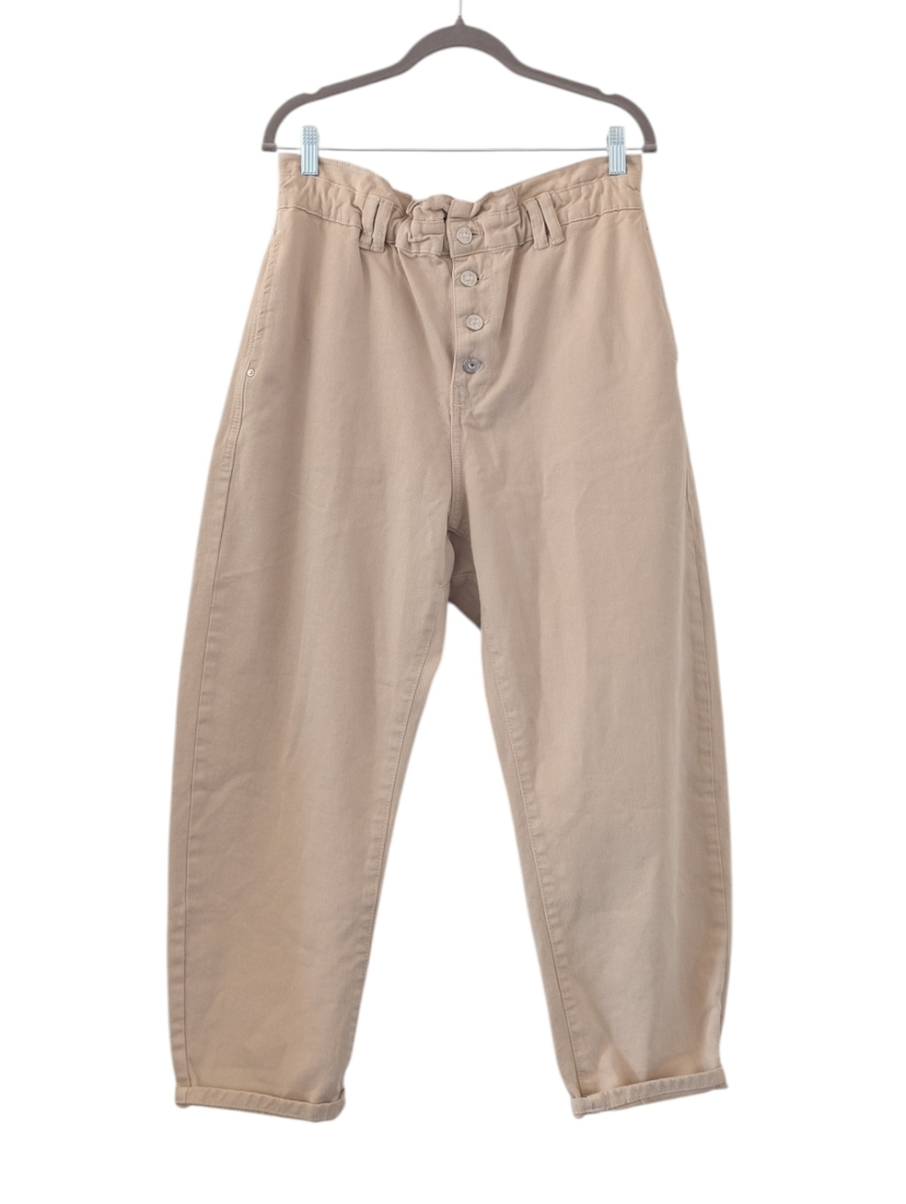 Zara Baggy Buttonfly Paper Bag Barrel Khaki Tan Denim Jeans Pants Size 10